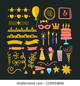 Birthday collection elements. Bright vector illustration. Party set