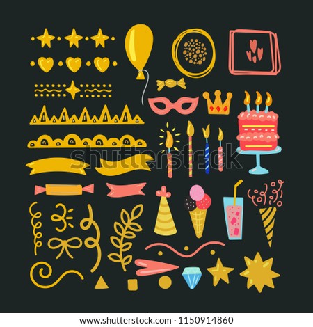 Birthday collection elements. Bright vector illustration. Party set