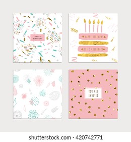 Birthday Collection of hand drawn party cards and invitations.