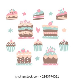 Birthday Сakes collection in hand drawn style. Festive dessert set with berries, strawberry, sweets isolated on the white background. Vector illustration for restaurant and menu, party design.