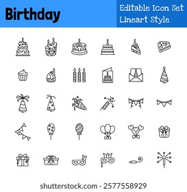 Birthday Collection Icon Set Lineart Style