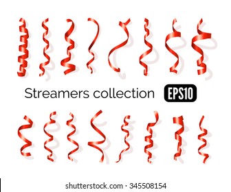 Birthday collection of red decoration streamers and curling party ribbons isolated on white background
