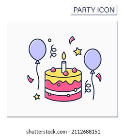 Birthday color icon. Party held on birth anniversary. Celebration with big cake, music, friends and relatives. Party concept. Isolated vector illustration