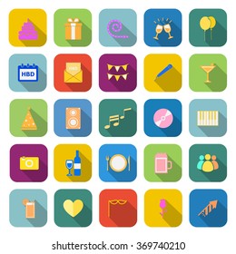 Birthday color icons with long shadow on white background