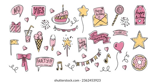 Birthday colored doodle set. Hand drawn vector Happy Birthday sketches on white background. Envelope, cake, balloon, ice cream, flags, hearts, labels, ribbons, bow, gift, star.