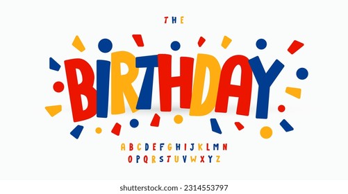 Alfabeto colorido cumpleaños, letras jugosas sans serif, fuente divertida del festival para un logo moderno brillante, titular del carnaval, tipografía de dibujos animados, letras de vacaciones, diseño tipográfico moderno. Tipo de vector