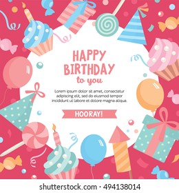 Fondo colorido de cumpleaños. Coloque el texto. Marco vectorial con quequitos, caramelos, globo, regalo y otros elementos. Concepto de cumpleaños. Diseño creativo para invitación y fiesta.