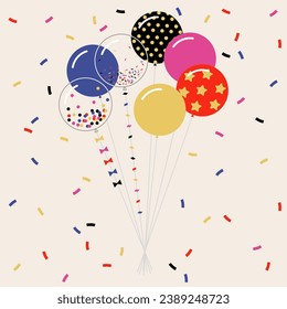 Birthday colorful helium balloons. Colorful balloons. Bunch of bright balloons confetti decoration element for birth day celebration greeting card design. Party decorations for birthday, anniversary