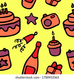Patrón colorido de cumpleaños. Elementos dibujados a mano para impresión y digital.
