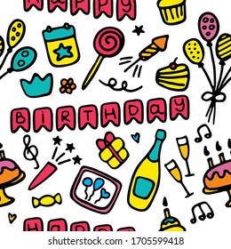Birthday colorful pattern. Hand drawn elements for print and digital.