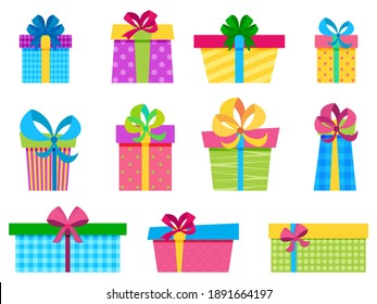 Birthday Colorful Present box Set. Ideas for Greeting banner. Vector isolated illustration on white background