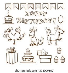 Birthday coloring  book. Cute dogs, gifts, cake, candle, balloon and candy. Vector illustration.