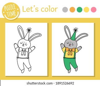 Birthday coloring page for children. Funny hare in party hat. Vector holiday outline illustration with cute animal. Party color book for kids with colored example
