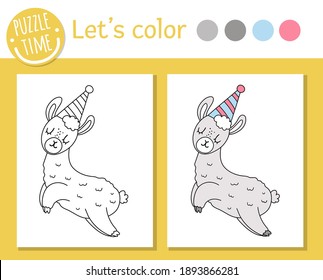 Birthday coloring page for children. Funny llama in party hat. Vector holiday outline illustration with cute animal. Party color book for kids with colored example
