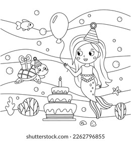 Página de coloreado de cumpleaños con adorables sirenas, tortugas, peces y algas. Personajes de Cartoon Kawaii. Cuento de hadas. Ilustración vectorial en blanco y negro para el libro de colorear.