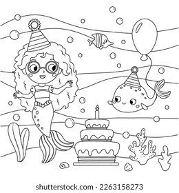 Birthday coloring page with mermaid and fish. Underwater. Cute cartoon characters. Fairy tale. Black and white vector illustration.