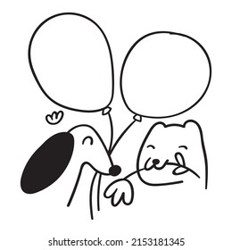 Birthday concept. Cat and dog. Vector hand drawn outline illustration.