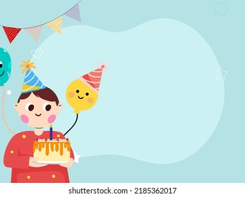 Birthday Concept with Cute Boy Character, Cake, Stars and Smiley Balloons.