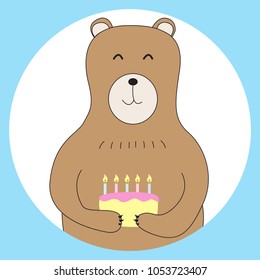Birthday concept cute brown bear holding cake. Vector illustration.