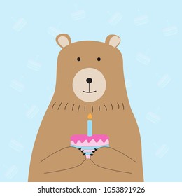 Birthday concept cute brown bear holding cake. Vector illustration.