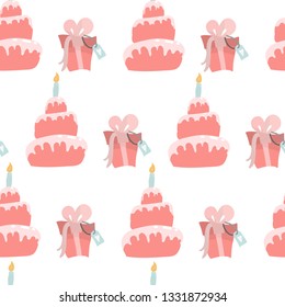 Birthday concept. A gently pink cake and a gift. Delicate drawings in pastel colors in a cartoon style. Vector seamless pattern.