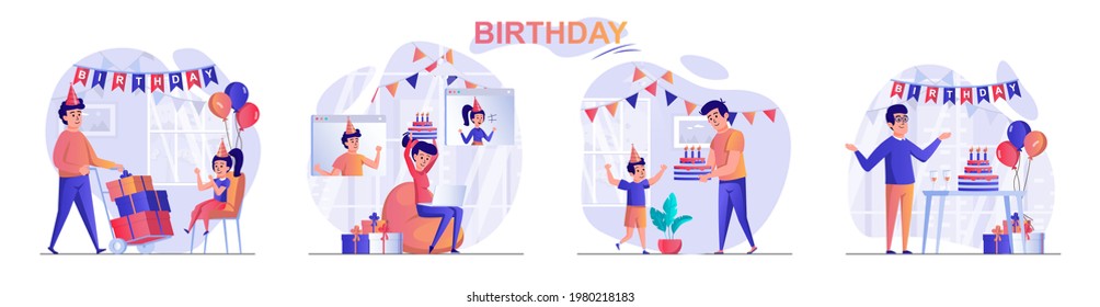 Birthday concept scenes set. Dad gives gifts to daughter or son, woman celebrates via video conference, festive decor. Collection of people activities. Vector illustration of characters in flat design
