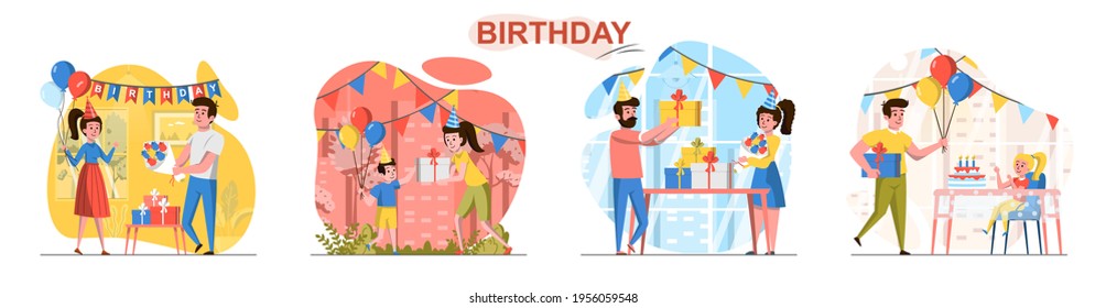Birthday concept scenes set. Friends have fun at party, parents congratulate children and give them gifts at festive. Collection of people activities. Vector illustration of characters in flat design