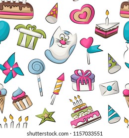 Birthday concept seamless pattern. Repear background tile for warapping paper, cover, scrapbook backdrop page. Vector illustration.