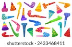 Birthday cones and blowers. Party cone for celebrating, decorative hats for children and adults. Whistles, paper sound toys, neoteric vector collection