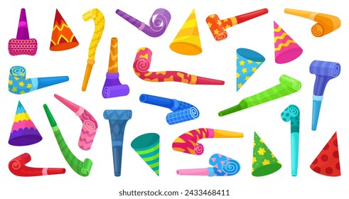 Birthday cones and blowers. Party cone for celebrating, decorative hats for children and adults. Whistles, paper sound toys, neoteric vector collection