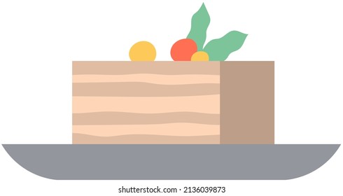 Birthday confectionery food on plate. Piece of cake, sweet dish, dessert. Biscuit with cream and decorations. Fresh pastry, sweet dessert for holiday. Piece of creamy pie vector illustration