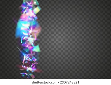 Birthday Confetti. Bokeh Glitter. Flying Foil. Party Element. Blue Disco Sparkles. Glitch Background. Bright Art. Blur Prismatic Illustration. Purple Birthday Confetti