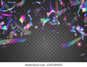 Birthday Confetti. Glitch Effect. Holiday Art. Blue Laser Texture. Light Background. Retro Prism. Festive Foil. Disco Festival Template. Purple Birthday Confetti