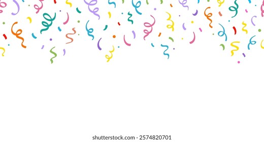 Birthday confetti seamless pattern background. Birthday decoration confetti, ribbon element, cute seamless pattern. Fun childish color abstract decoration element background. Vector illustration.