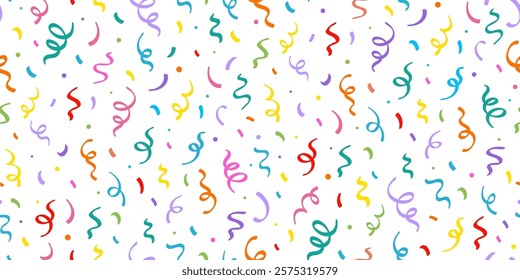 Birthday confetti seamless pattern background. Birthday decoration confetti, ribbon element, cute seamless pattern. Fun childish color abstract decoration element background. Vector illustration.