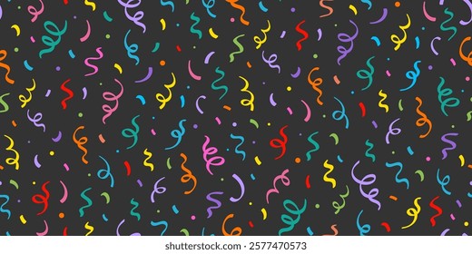 Birthday confetti seamless pattern background. Birthday decoration confetti, ribbon element, cute seamless pattern. Fun childish color abstract decoration element background. Vector illustration.