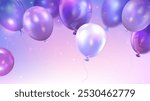 Birthday congratulation banner with helium flying blue and purple balloons on pastel background. Realistic 3d vector greeting template with holiday decor balls bunch for anniversary or New Year design