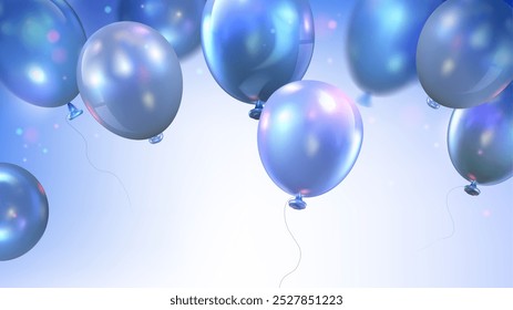 Anuncio de felicitación de cumpleaños con globos azules y púrpuras voladores de helio sobre fondo pastel. Plantilla realista del saludo del Vector 3D con el montón de las bolas de la decoración del día de fiesta para el aniversario o el diseño del año Nuevo