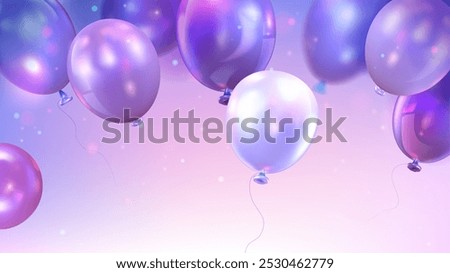 Birthday congratulation banner with helium flying blue and purple balloons on pastel background. Realistic 3d vector greeting template with holiday decor balls bunch for anniversary or New Year design