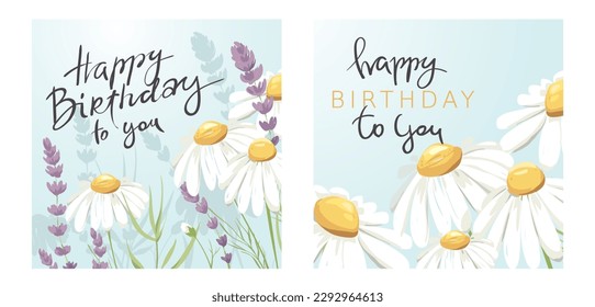 Tarjetas de felicitación de cumpleaños. Fondo de postales con manzanilla y lavanda. Elemento de diseño de vectores sobre el tema de floración y verano.	