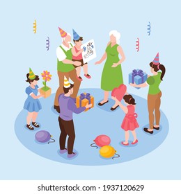 Birthday congratulation concept with children parents and grandparents isometric vector illustration