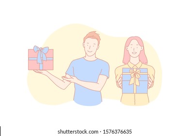 Birthday congratulation, holiday tradition, christmas celebration concept. Cheerful young man and woman holding presents for special occasion, friends with festive gift boxes. Simple flat vector