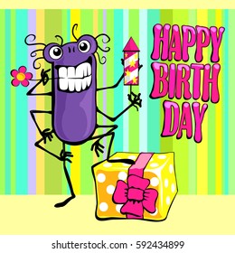 Birthday congratulation from little insect on a bright background with firecrackers and flower