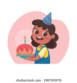 Birthday congratulation. Portrait of a happy little girl with a bithday cake. Isolated illustration.