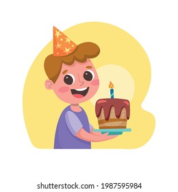 Birthday congratulation. Portrait of a happy little boy with a bithday cake. Isolated illustration.