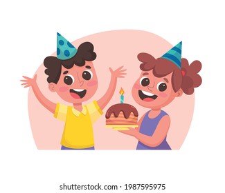 Birthday congratulation. Portrait of a little boy and a little girl with a cake, celebrating a birthday party.
