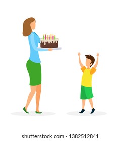 Birthday Congratulations Flat Vector Illustration. Mother and Son Cartoon Characters. Young Woman Holding Festive Cake with Candles. Special Occasion Event Celebration. Family Holiday, Happy Childhood