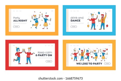 Birthday or Corporate Party Celebration Landing Page. People Friends in Funny Hats Clinking Glasses with Alcohol Drink. Cartoon Flat Vector Illustration, Linear