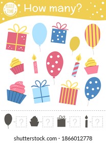 Birthday counting game with balloon, candle, present. Holiday math activity for preschool children. How many objects worksheet. Educational festive party puzzle for kids.
