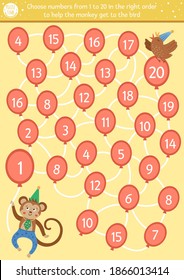 Birthday counting maze for children. Holiday preschool printable educational activity. Funny party game or math puzzle with cute monkey and air balloons. Choose numbers from 1 to 20 in the right order